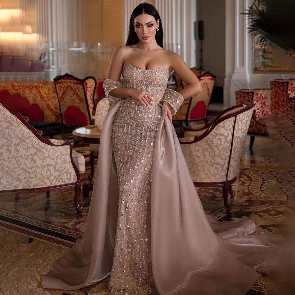 Luxury Champagne Mermaid Arabic Evening Dress for Wedding party LA71922