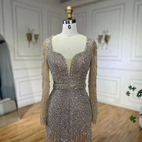 Robe de soirée sirène arabe caramel, décolleté en cœur, perles, luxueuse, Dubaï, pour femmes, fête de mariage, 2025, LA72465 