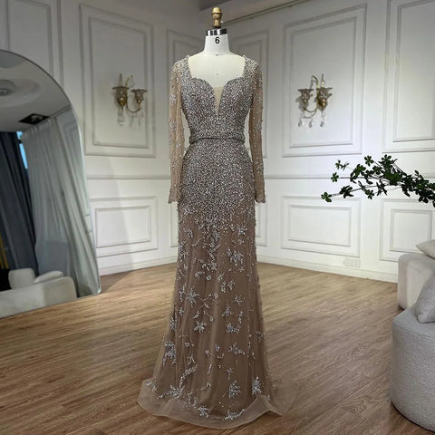 Robe de soirée sirène arabe caramel, décolleté en cœur, perles, luxueuse, Dubaï, pour femmes, fête de mariage, 2025, LA72465 