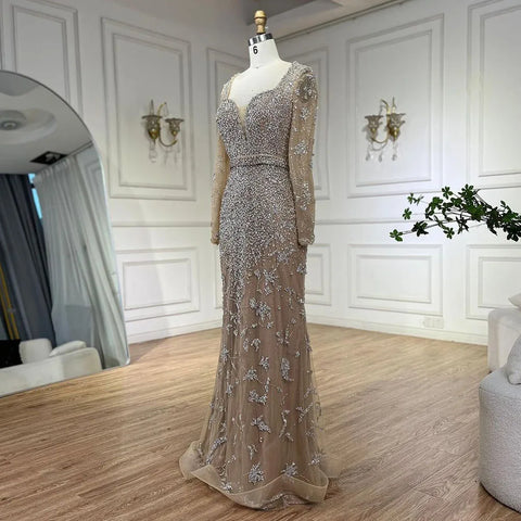 Robe de soirée sirène arabe caramel, décolleté en cœur, perles, luxueuse, Dubaï, pour femmes, fête de mariage, 2025, LA72465 