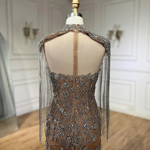 Robe de soirée sirène arabe caramel à franges et perles, luxueuse robe de soirée de Dubaï pour femmes, tenue de mariage, 2025 LA72237A 