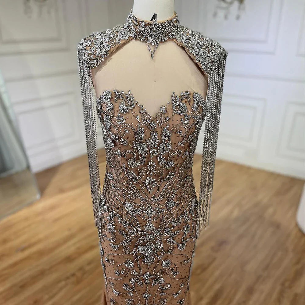 Arabic Caramel Mermaid Tassel Beaded Luxury Dubai Evening Dresses Gowns For Women Wedding Party 2025 LA72237A