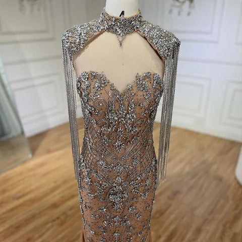 Robe de soirée sirène arabe caramel à franges et perles, luxueuse robe de soirée de Dubaï pour femmes, tenue de mariage, 2025 LA72237A 