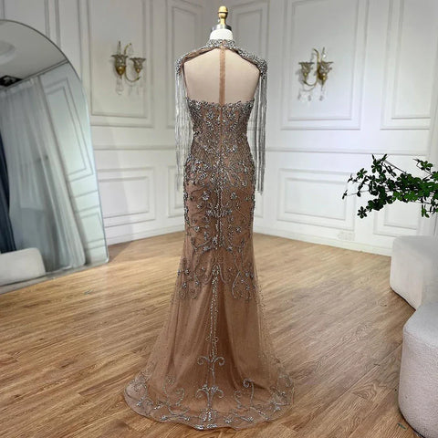 Robe de soirée sirène arabe caramel à franges et perles, luxueuse robe de soirée de Dubaï pour femmes, tenue de mariage, 2025 LA72237A 