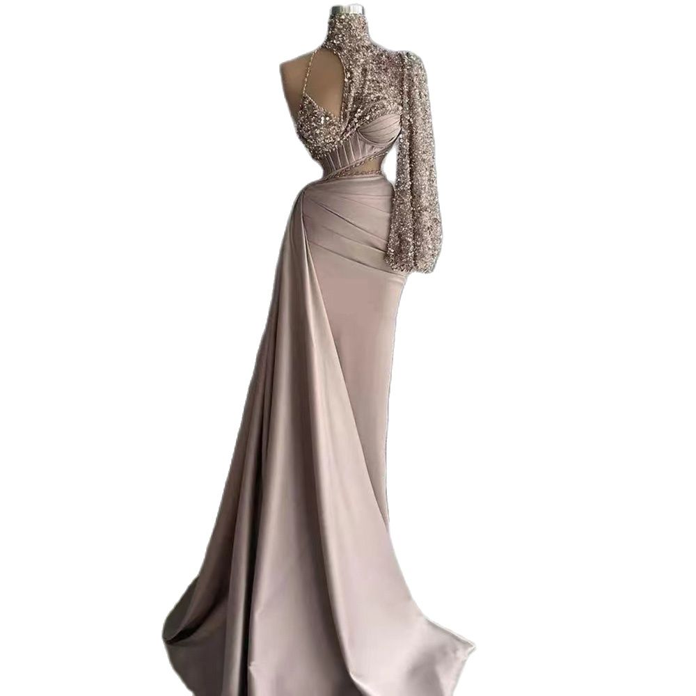 Arabic Caramel Satin Mermaid Elegant One Shoulder Beaded Evening Dresses Gowns 2025 For Women Wedding Party LA71936