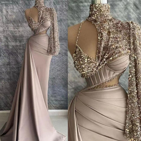 Vestidos de noche elegantes de sirena con un solo hombro y cuentas, color caramelo, satén árabe, estilo 2025, para mujer, ideales para bodas y fiestas (LA71936) 