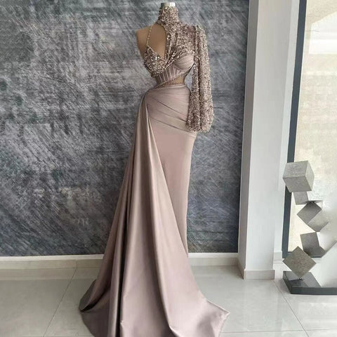 Vestidos de noche elegantes de sirena con un solo hombro y cuentas, color caramelo, satén árabe, estilo 2025, para mujer, ideales para bodas y fiestas (LA71936) 