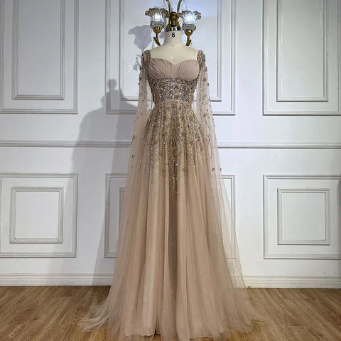 Vestido de noche de lujo estilo champán árabe de Dubái, con borlas de cuentas y abertura alta, ideal para bodas y fiestas. Modelo LA72390 