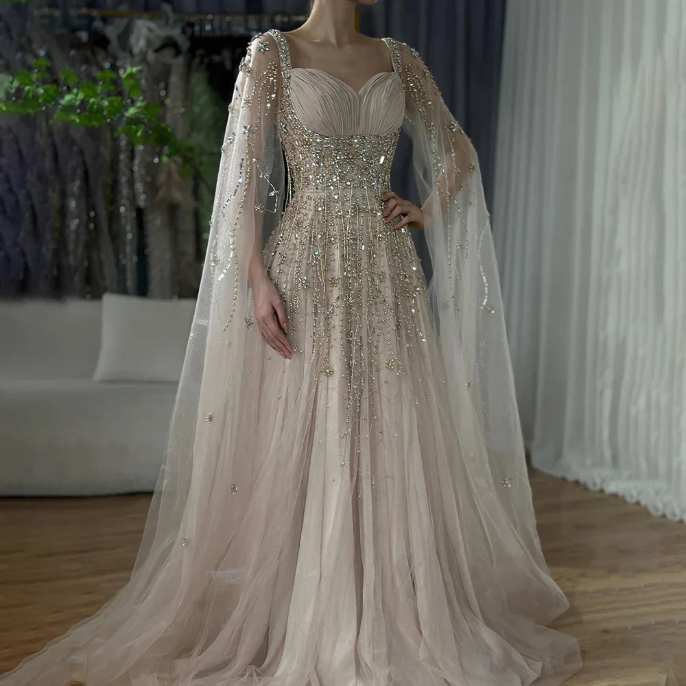 Arabic Champagne Dubai Evening Dresses Luxury Celebrity Beaded Tassel High Split Women Wedding Party Dress LA72390