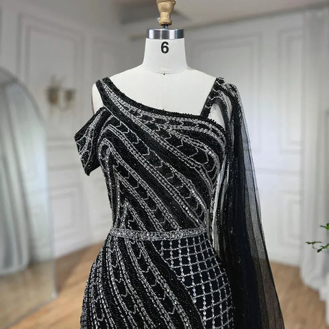 Robe de soirée de luxe style sirène noire à cape longue et perles pour femme, style arabe de Dubaï, pour fête de mariage, 2025, LA72296 