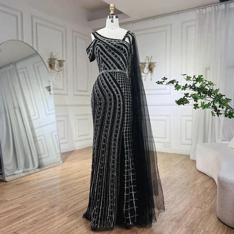 Robe de soirée de luxe style sirène noire à cape longue et perles pour femme, style arabe de Dubaï, pour fête de mariage, 2025, LA72296 