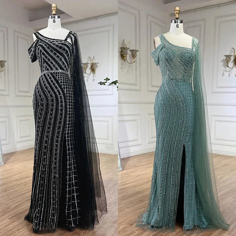 Robe de soirée de luxe style sirène noire à cape longue et perles pour femme, style arabe de Dubaï, pour fête de mariage, 2025, LA72296 