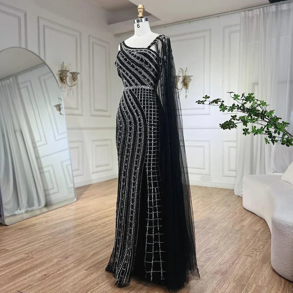 Arabic Dubai Black Long Cloak Mermaid Beaded Luxury Evening Dresses Gowns for Women Wedding Party 2025 LA72296