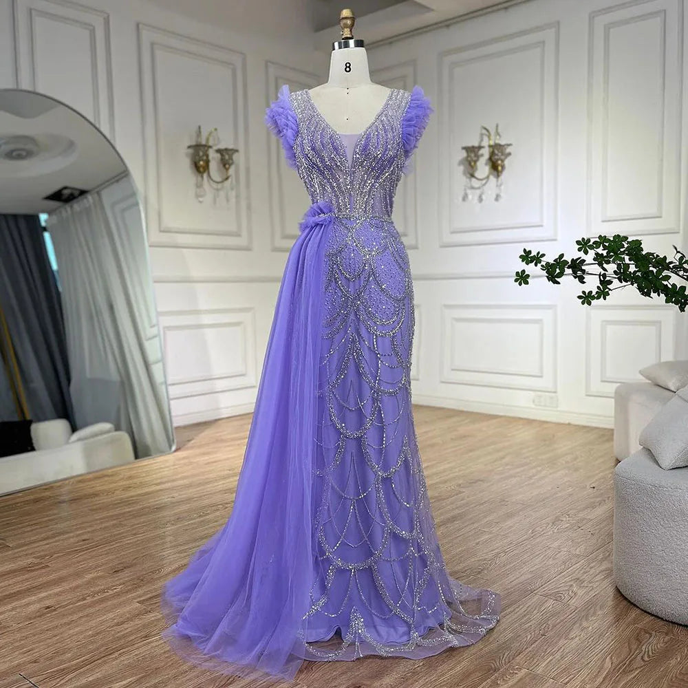 Arabic Dubai Lilac Mermaid With Overskirt Beaded Luxury Evening Dresses Gowns for Women Wedding Party 2025 LA72564