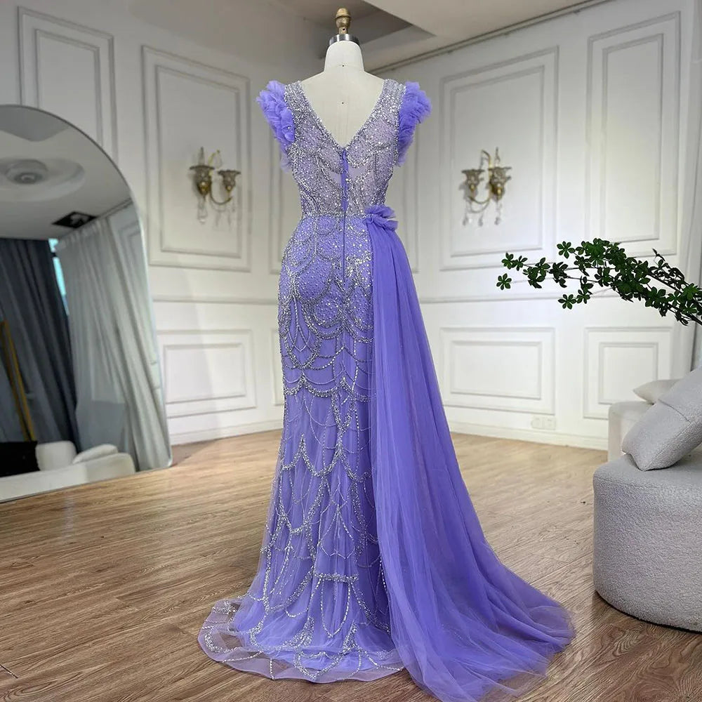 Arabic Dubai Lilac Mermaid With Overskirt Beaded Luxury Evening Dresses Gowns for Women Wedding Party 2025 LA72564