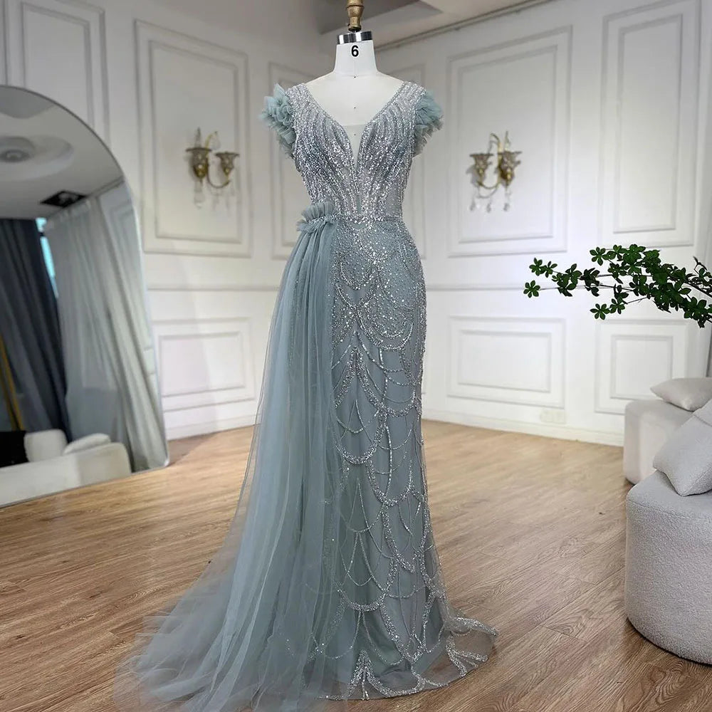 Arabic Dubai Lilac Mermaid With Overskirt Beaded Luxury Evening Dresses Gowns for Women Wedding Party 2025 LA72564