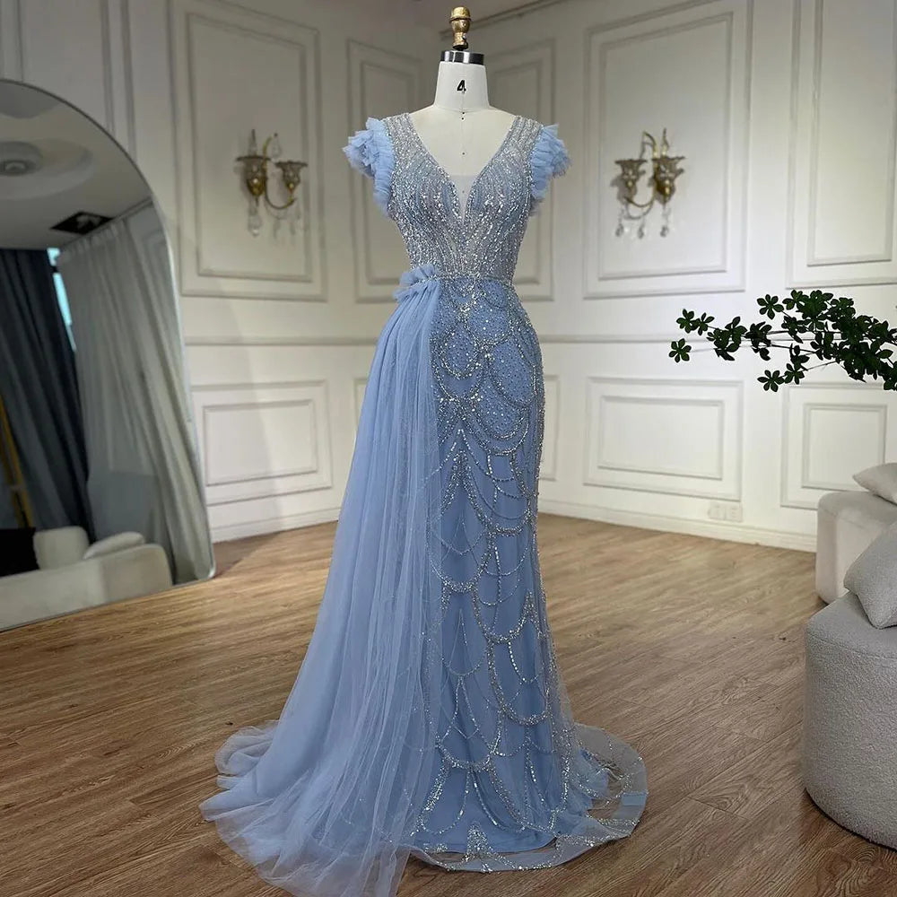 Arabic Dubai Lilac Mermaid With Overskirt Beaded Luxury Evening Dresses Gowns for Women Wedding Party 2025 LA72564