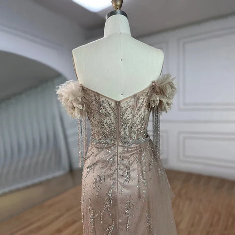 Vestidos de noche de lujo estilo sirena color nude, estilo árabe de Dubái, con cuello barco, borlas y cuentas, para mujer, ideales para bodas y fiestas (2025) LA72260 