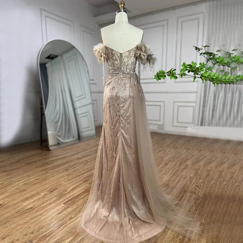 Vestidos de noche de lujo estilo sirena color nude, estilo árabe de Dubái, con cuello barco, borlas y cuentas, para mujer, ideales para bodas y fiestas (2025) LA72260 