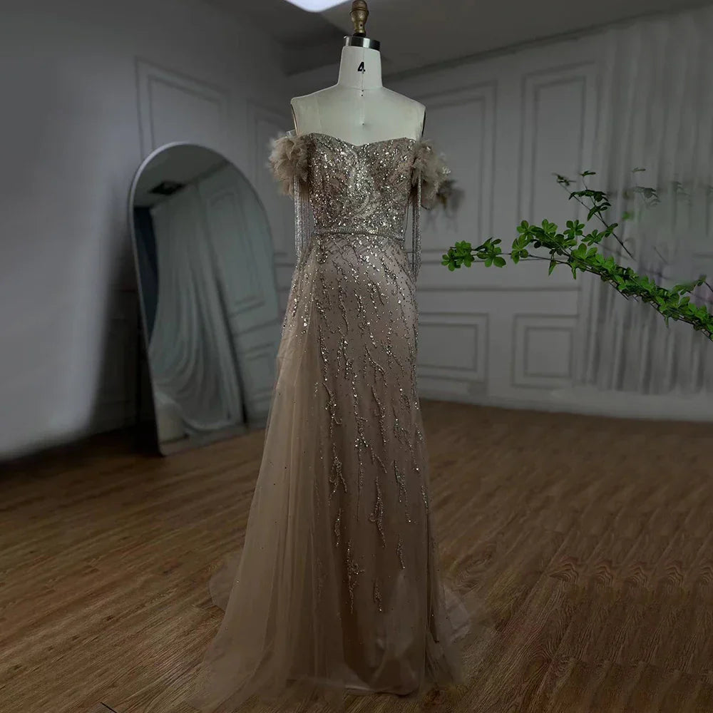 Arabic Dubai Nude Mermaid Luxury Evening Dresses Gowns Boat Neck Beaded Tassel For Women Wedding Party 2025 LA72260