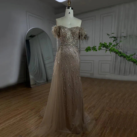 Vestidos de noche de lujo estilo sirena color nude, estilo árabe de Dubái, con cuello barco, borlas y cuentas, para mujer, ideales para bodas y fiestas (2025) LA72260 