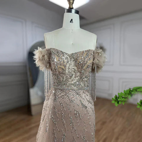 Vestidos de noche de lujo estilo sirena color nude, estilo árabe de Dubái, con cuello barco, borlas y cuentas, para mujer, ideales para bodas y fiestas (2025) LA72260 