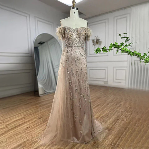 Vestidos de noche de lujo estilo sirena color nude, estilo árabe de Dubái, con cuello barco, borlas y cuentas, para mujer, ideales para bodas y fiestas (2025) LA72260 