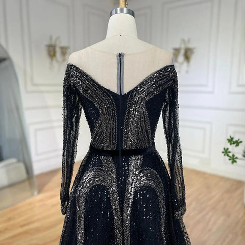 Robe de soirée élégante noire style A-line, luxueuse, perlée et brillante, style Dubaï, pour femme, tenue de mariage, 2025, LA72566 