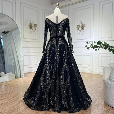 Robe de soirée élégante noire style A-line, luxueuse, perlée et brillante, style Dubaï, pour femme, tenue de mariage, 2025, LA72566 