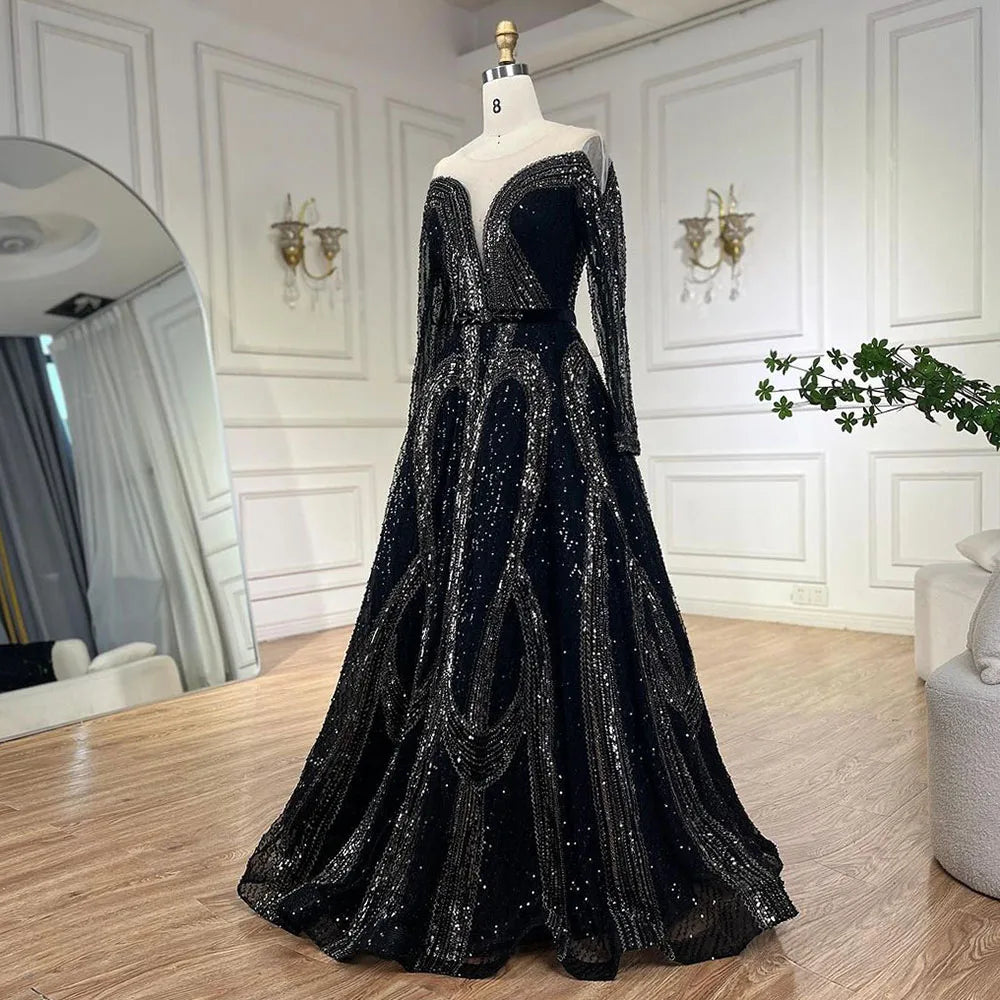 Arabic Elegant Black A Line Shiny Beaded Luxury Dubai Evening Dresses Gowns For Women Wedding Party 2025 LA72566