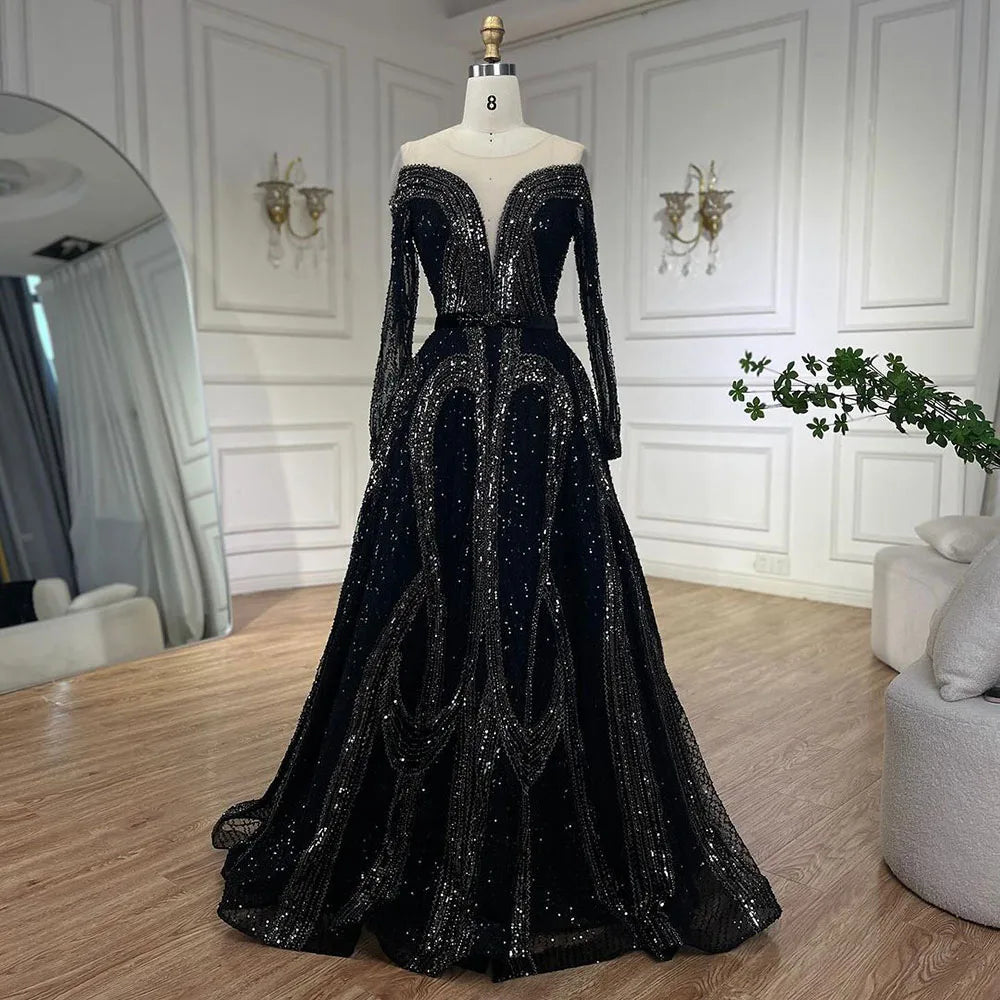 Arabic Elegant Black A Line Shiny Beaded Luxury Dubai Evening Dresses Gowns For Women Wedding Party 2025 LA72566