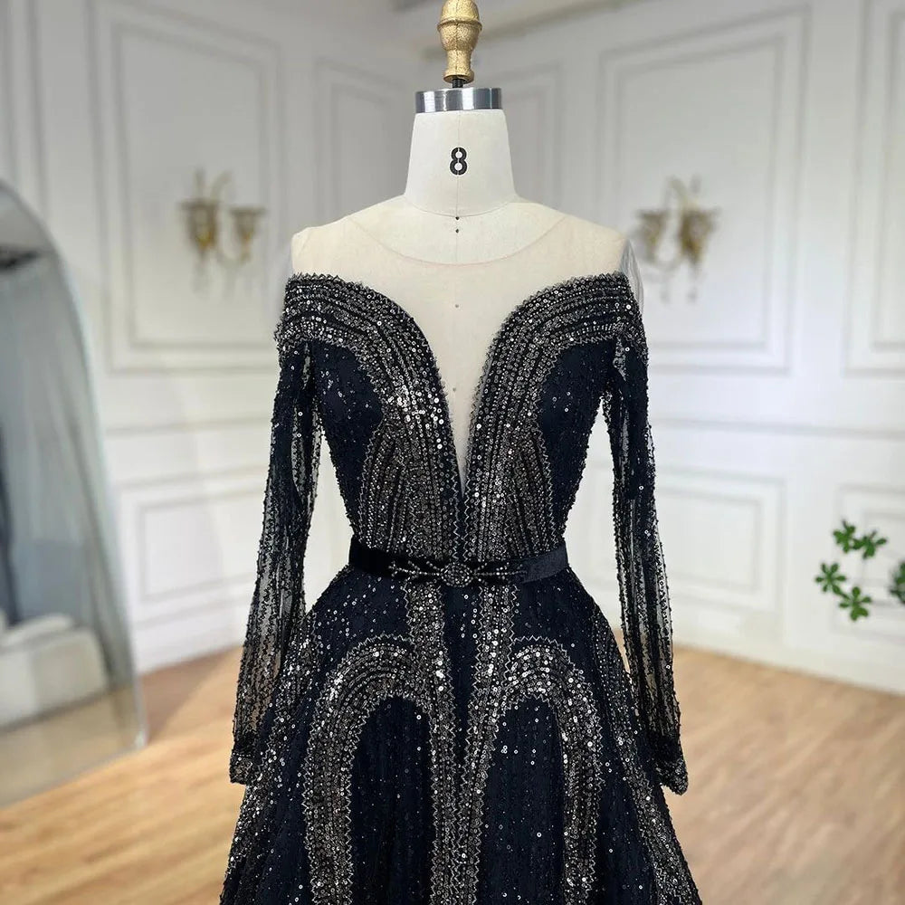 Arabic Elegant Black A Line Shiny Beaded Luxury Dubai Evening Dresses Gowns For Women Wedding Party 2025 LA72566