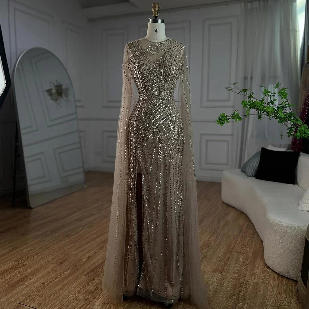 Arabic Elegant Cape Sleeves Mermaid Nude Dubai Evening Dresses Gowns Beaded Luxury For Women Party 2025 LA71429B