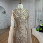 Arabic Elegant Cape Sleeves Mermaid Nude Dubai Evening Dresses Gowns Beaded Luxury For Women Party 2025 LA71429B