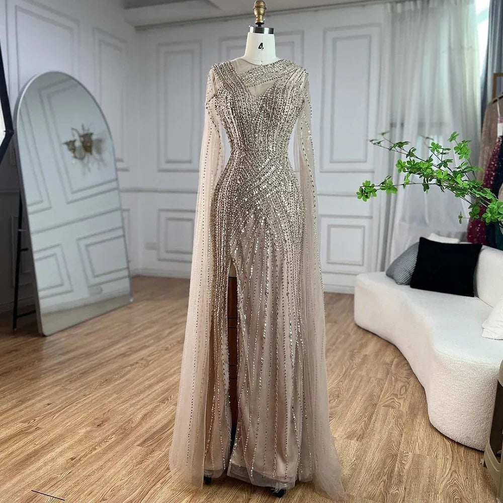 Arabic Elegant Cape Sleeves Mermaid Nude Dubai Evening Dresses Gowns Beaded Luxury For Women Party 2025 LA71429B