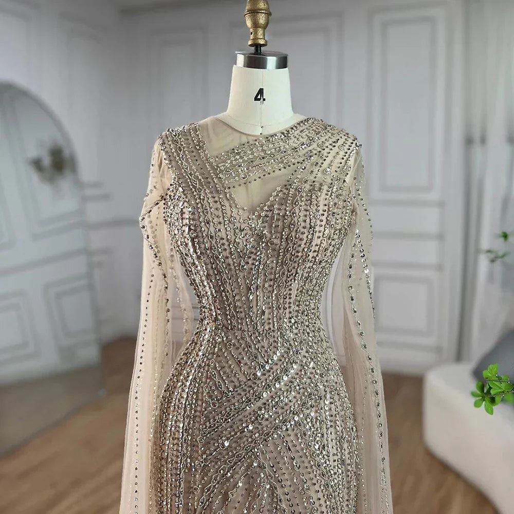 Arabic Elegant Cape Sleeves Mermaid Nude Dubai Evening Dresses Gowns Beaded Luxury For Women Party 2025 LA71429B