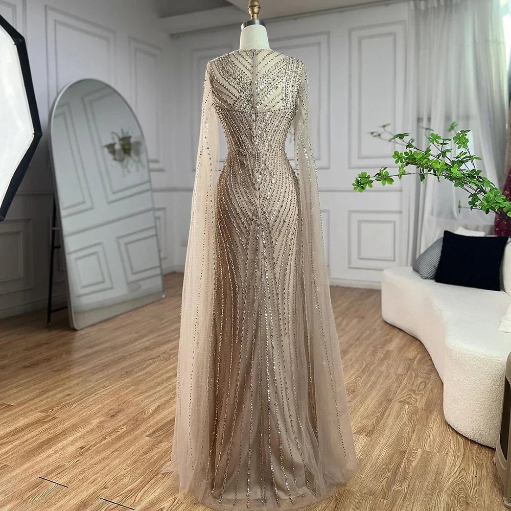 Arabic Elegant Cape Sleeves Mermaid Nude Dubai Evening Dresses Gowns Beaded Luxury For Women Party 2025 LA71429B
