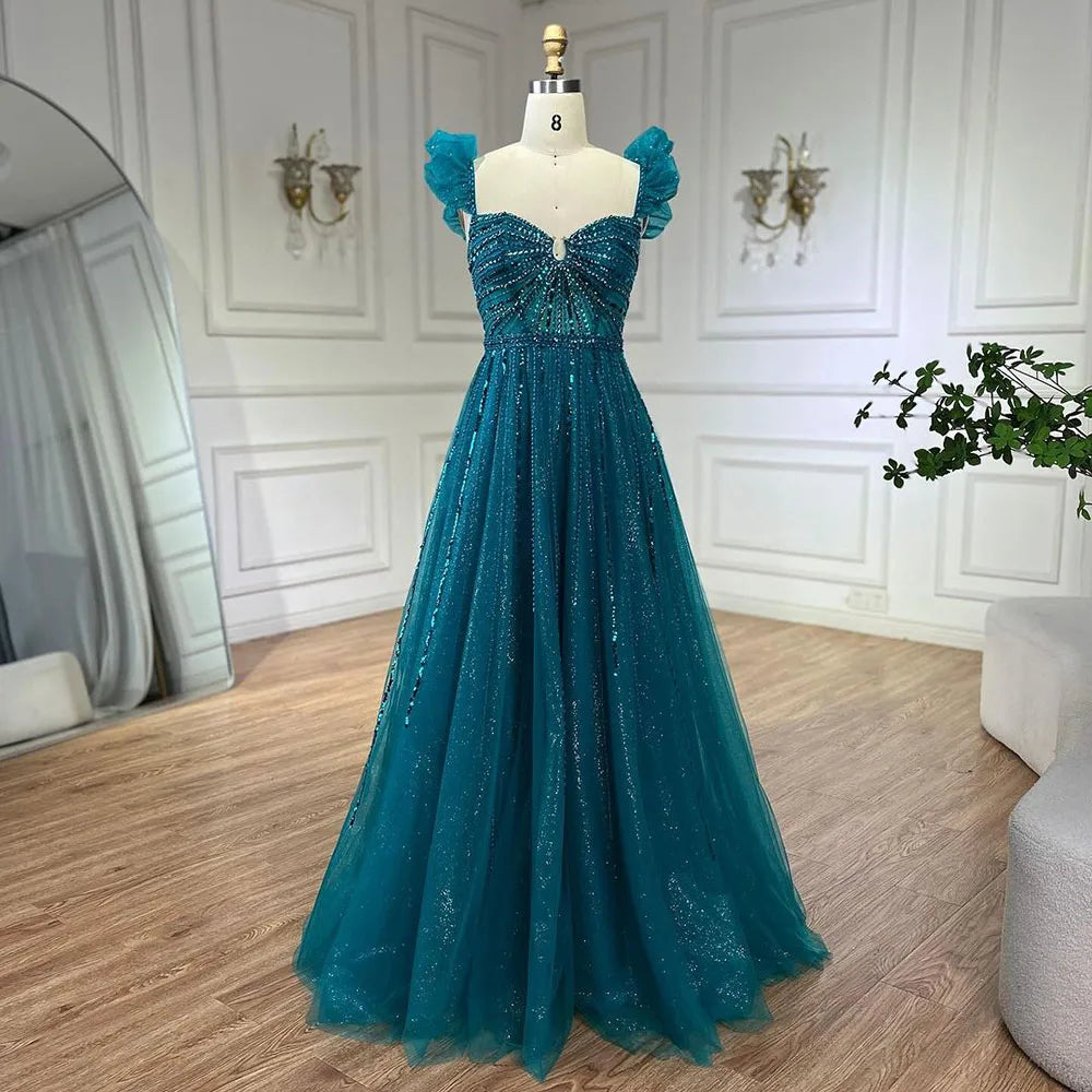 Arabic Elegant Peach Beaded A-Line Evening Gown 2025 Boat Neck Luxury Dress for Women Long Party Dress LA72324