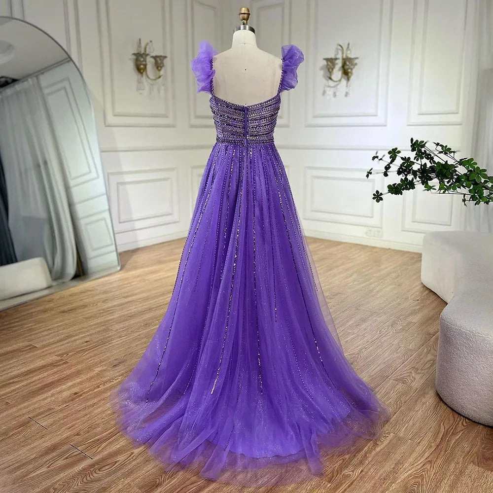 Arabic Elegant Peach Beaded A-Line Evening Gown 2025 Boat Neck Luxury Dress for Women Long Party Dress LA72324