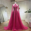 Arabic Fuchsia A Line Cape Sleeve Beaded Luxury Dubai Evening Dresses Gowns For Women Wedding Party 2025 LA72306