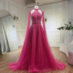 Arabic Fuchsia A Line Cape Sleeve Beaded Luxury Dubai Evening Dresses Gowns For Women Wedding Party 2025 LA72306