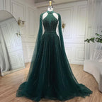 Arabic Fuchsia A Line Cape Sleeve Beaded Luxury Dubai Evening Dresses Gowns For Women Wedding Party 2025 LA72306