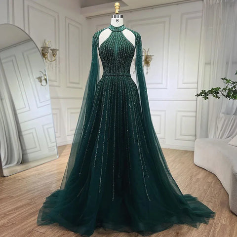 Arabic Fuchsia A Line Cape Sleeve Beaded Luxury Dubai Evening Dresses Gowns For Women Wedding Party 2025 LA72306