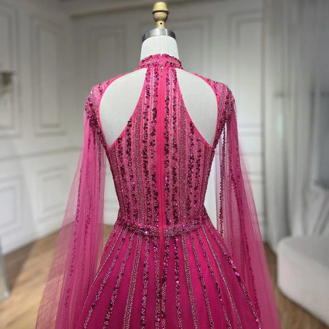 Arabic Fuchsia A Line Cape Sleeve Beaded Luxury Dubai Evening Dresses Gowns For Women Wedding Party 2025 LA72306