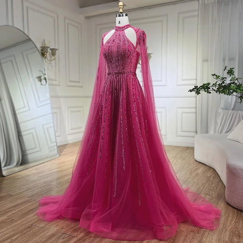 Arabic Fuchsia A Line Cape Sleeve Beaded Luxury Dubai Evening Dresses Gowns For Women Wedding Party 2025 LA72306