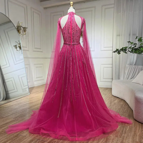 Arabic Fuchsia A Line Cape Sleeve Beaded Luxury Dubai Evening Dresses Gowns For Women Wedding Party 2025 LA72306