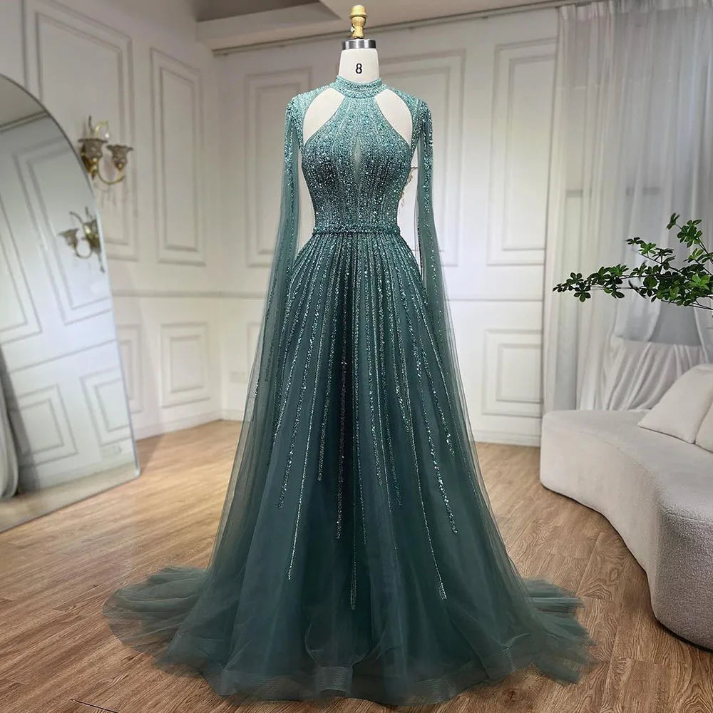 Arabic Fuchsia A Line Cape Sleeve Beaded Luxury Dubai Evening Dresses Gowns For Women Wedding Party 2025 LA72306