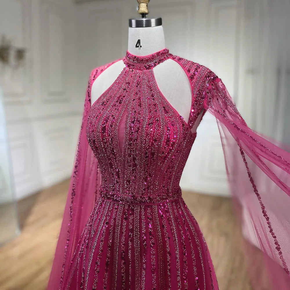 Arabic Fuchsia A Line Cape Sleeve Beaded Luxury Dubai Evening Dresses Gowns For Women Wedding Party 2025 LA72306