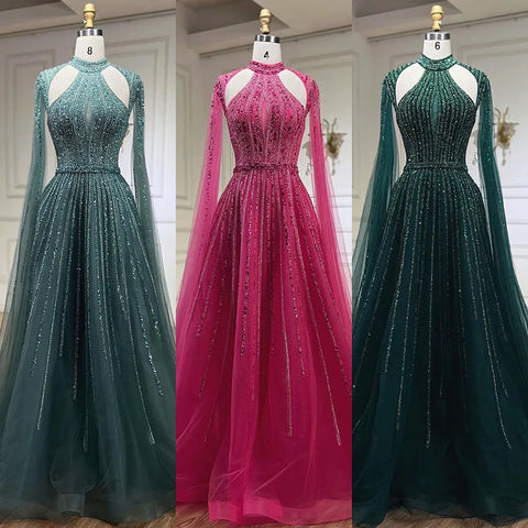 Arabic Fuchsia A Line Cape Sleeve Beaded Luxury Dubai Evening Dresses Gowns For Women Wedding Party 2025 LA72306