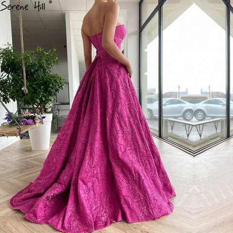 Vestidos de noche elegantes color fucsia árabe 2025. Vestido largo formal sin mangas de corte línea A de lujo de Dubái, diseño LA70699 